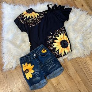 Sunflower Open Shoulder & Denim Short Set